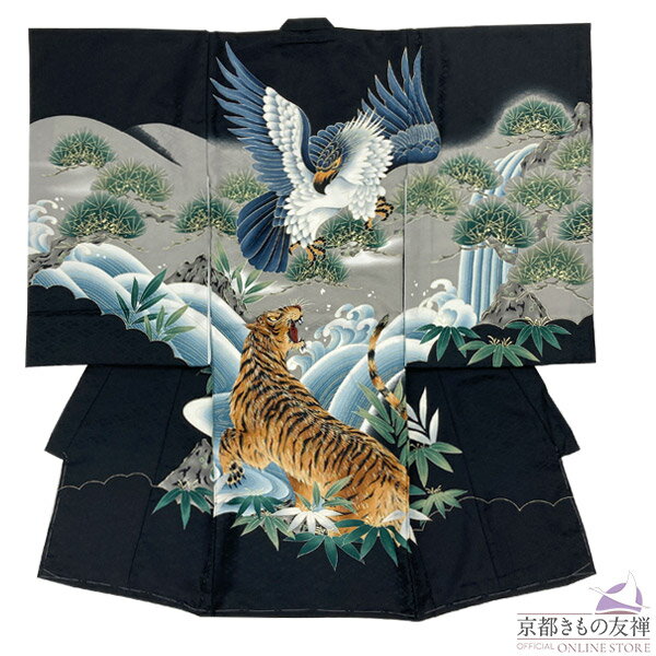 ブラックフライデーPT5倍! 【レンタル】産着 お宮参り 着物 男の子 黒 虎 鷹 松 初着 祝着 長襦袢 熨斗目 掛け着物 祝い着 ベビー レンタル着物 (5...