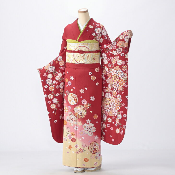 【レンタル】【成人式】振袖 フルセット Mサイズ 花柄 赤・ワイン系 結婚式 卒業式 結納 レンタル着物