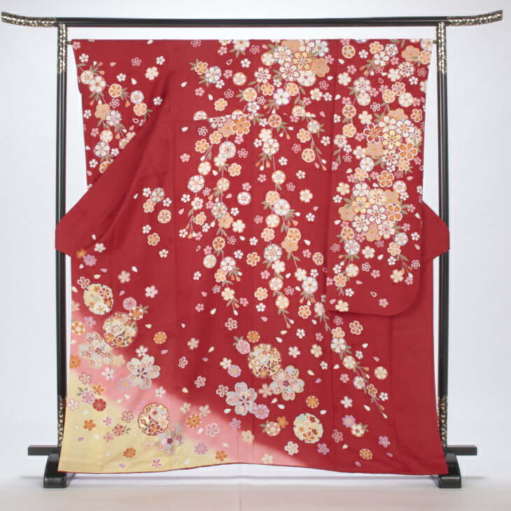 【レンタル】【成人式】振袖 フルセット Mサイズ 花柄 赤・ワイン系 結婚式 卒業式 結納 レンタル着物