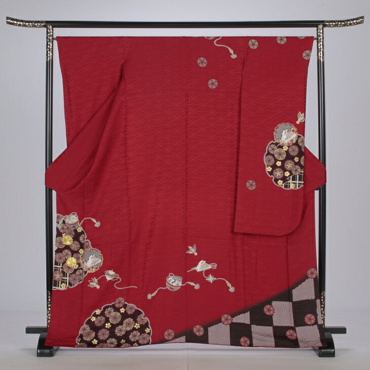【中古】【購入品】振袖 フルセット Mサイズ 古典柄 赤・ワイン系 成人式 リユース 状態:S 販売 結婚式 卒業式 結納 着物 10794