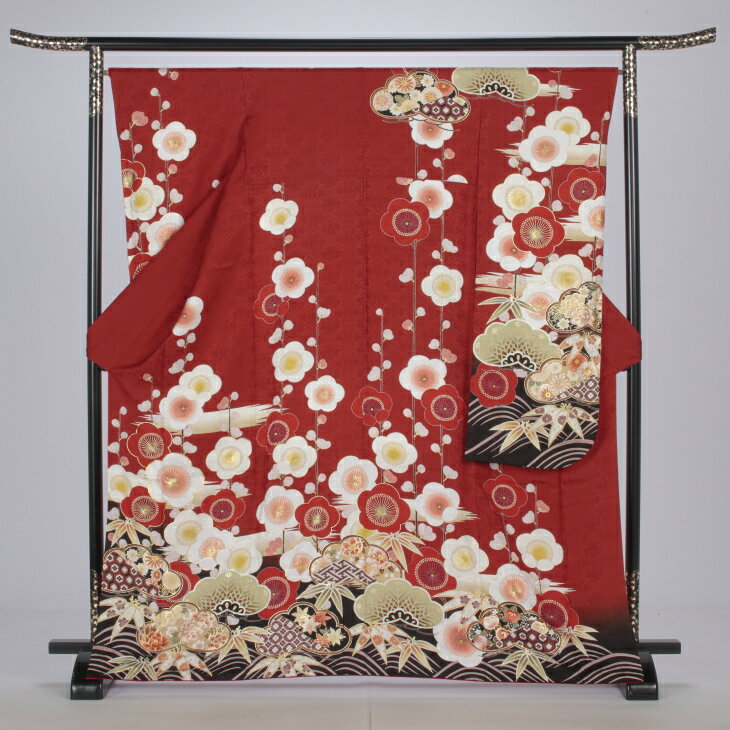 【レンタル】【成人式期間外】振袖 フルセット Mサイズ ロマン柄 赤・ワイン系 状態:S 成人式 結婚式 卒業式 結納 リユース レンタル着物 (5泊6日：1月21日 - 12月19日) 11008