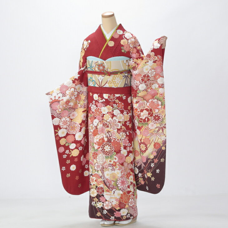 【中古】【購入品】振袖 フルセット Lサイズ 古典柄 赤・ワイン系 成人式 リユース 状態:A 販売 結婚式 卒業式 結納 着物 10488