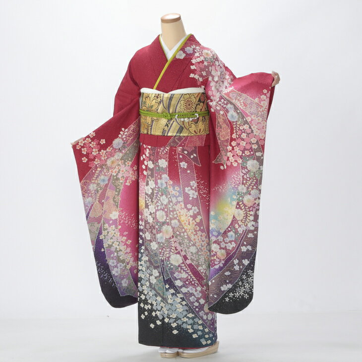 【中古】【購入品】振袖 フルセット Lサイズ 辻が花 赤・ワイン系 成人式 リユース 状態:A 販売 結婚式 卒業式 結納 着物 12045