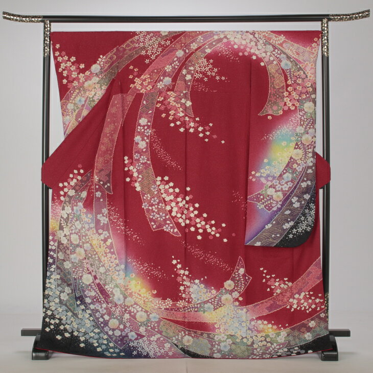【中古】【購入品】振袖 フルセット Lサイズ 辻が花 赤・ワイン系 成人式 リユース 状態:A 販売 結婚式 卒業式 結納 着物 12045