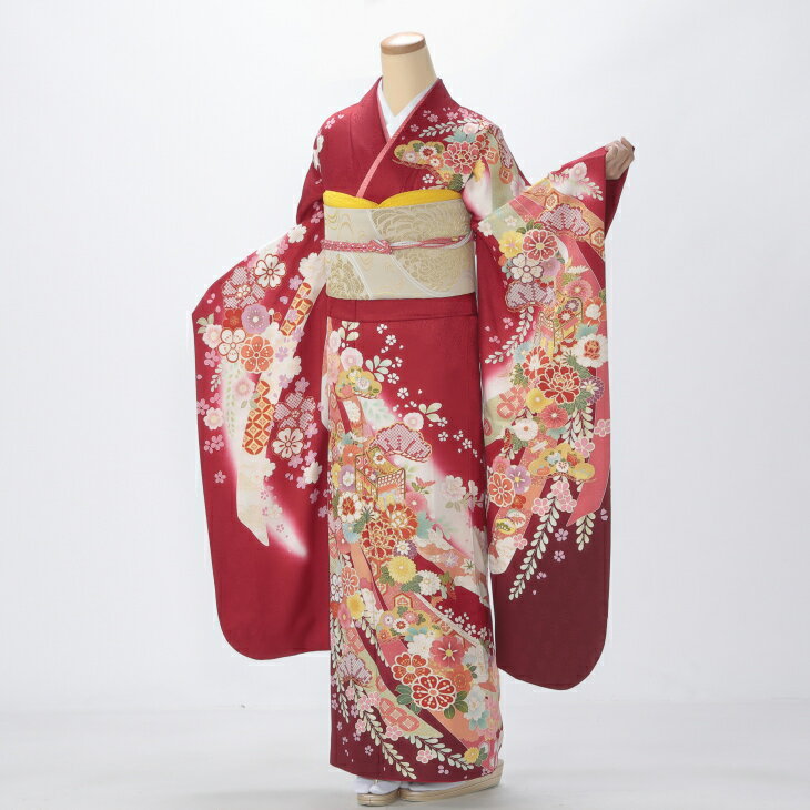 【中古】【購入品】振袖 フルセット Lサイズ 古典柄 赤・ワイン系 成人式 リユース 状態:A 販売 結婚式 卒業式 結納 着物 10506