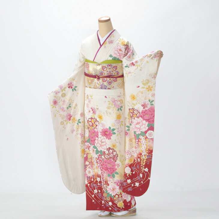【中古】【購入品】振袖 フルセット Lサイズ 花柄 白・グレー系 成人式 リユース 状態:A 販売 結婚式 卒業式 結納 着物 86679