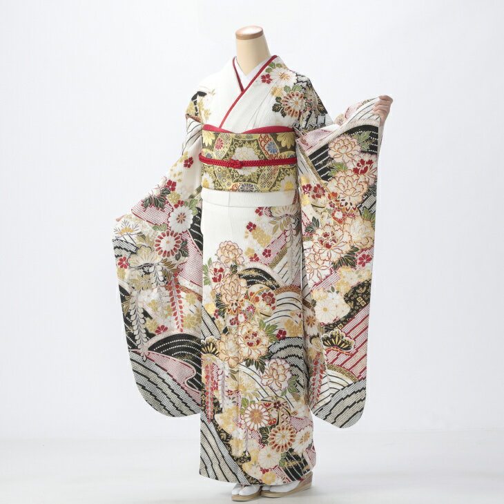 【レンタル】【成人式】振袖 フルセット Mサイズ ロマン柄 白・グレー系 結婚式 卒業式 結納 レンタル着物 51056(4)