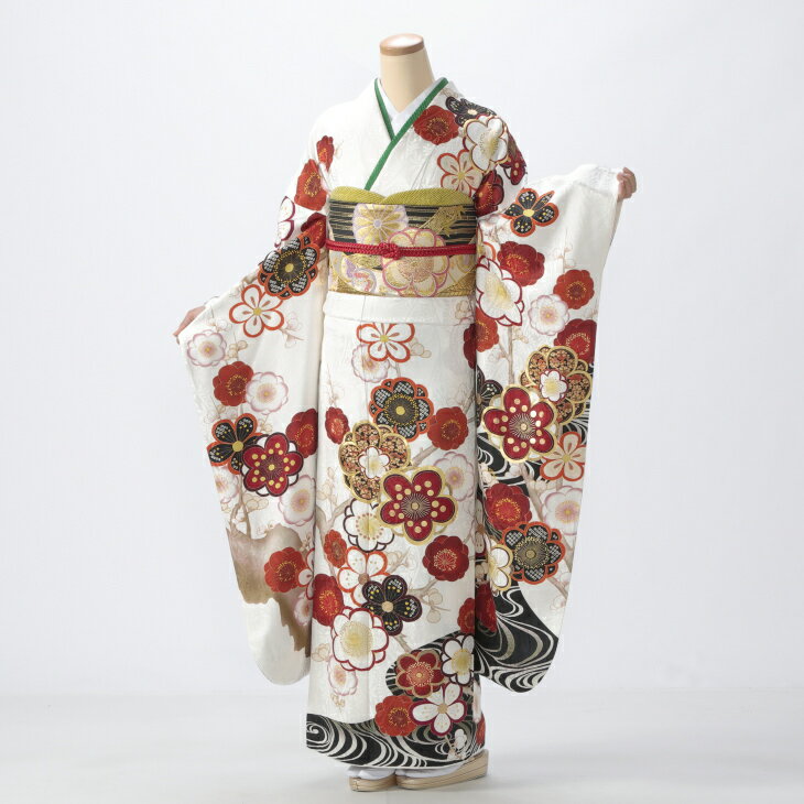 【中古】【購入品】振袖 フルセット Lサイズ 古典柄 白・グレー系 成人式 リユース 状態:S 販売 結婚式 卒業式 結納 着物