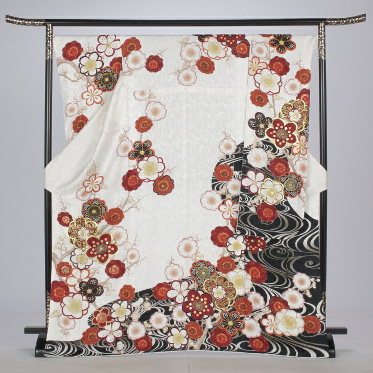 【中古】【購入品】振袖 フルセット Lサイズ 古典柄 白・グレー系 成人式 リユース 状態:S 販売 結婚式 卒業式 結納 着物