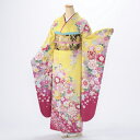 【中古】【購入品】振袖 フルセット Lサイズ 花柄 成人式 着物 振袖フルセット からし・黄系 正絹 リユース 状態:A 販売 卒業式 結婚式 結納 36402