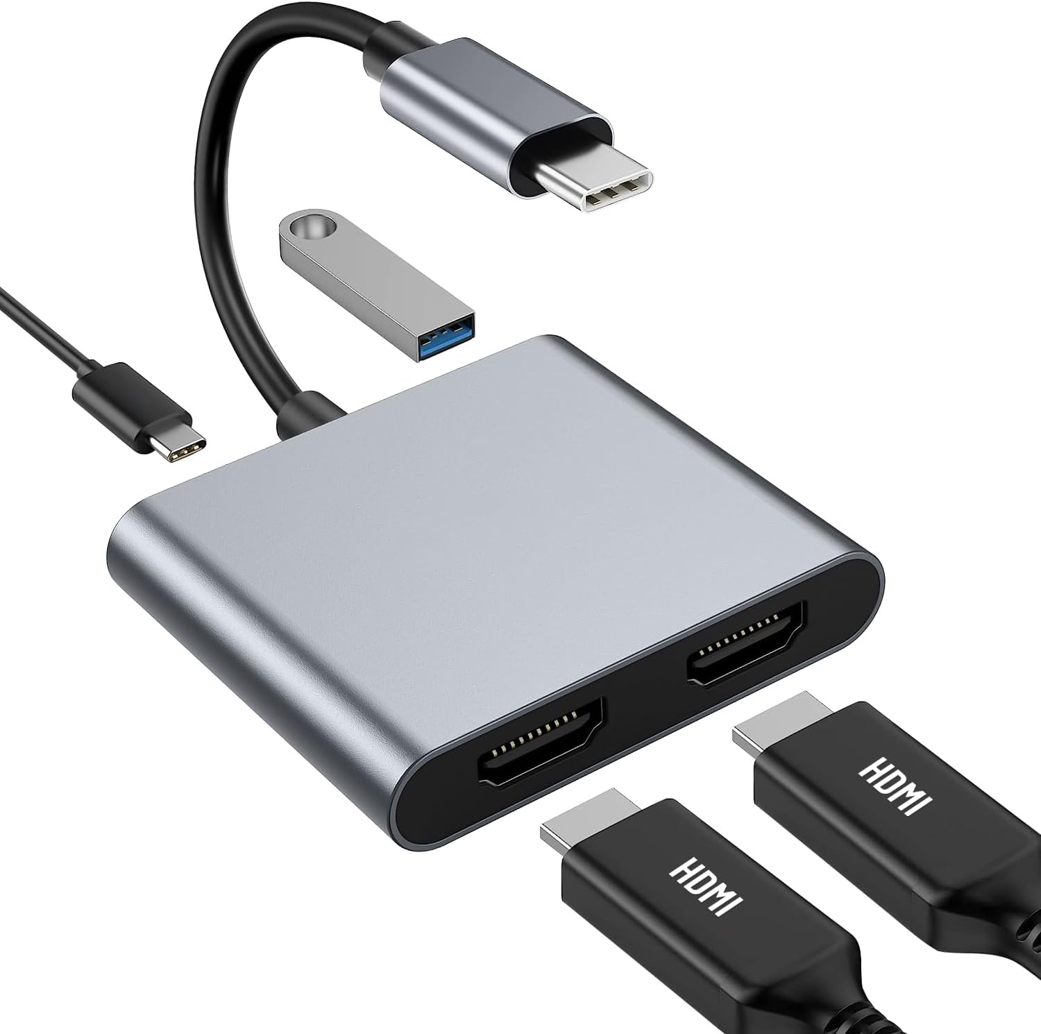 USB C デュアル HDMI 変換アダプター 4 in 1 USB C ハブ【2 HDMI ポート+USB 3.0 ポート+USB-C PD充電ポート】在宅勤務 USB Type C 変換アダプター MacBook Pro、MacBook Air、iPad Pro 2020、Galaxy S20/S20+、Surface Goなど USB-C デバイス対応