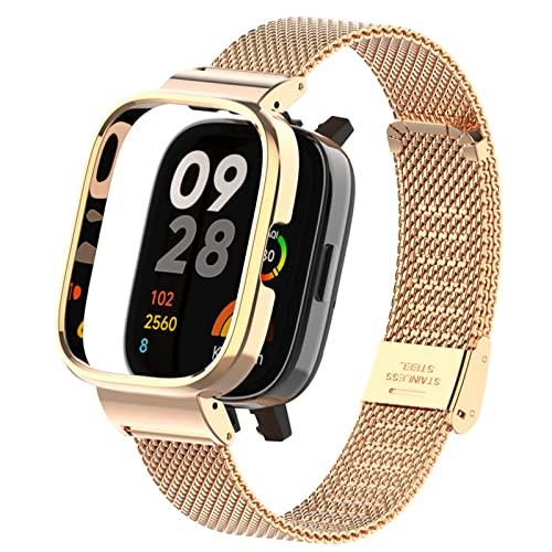 PONATTENO ステンレス製交換用ベルト For Xiaomi Redmi Watch 3専用 替えバンド 保護フレーム一体型 For Redmi Watch 3ベルト交換用 (ローズゴールド)