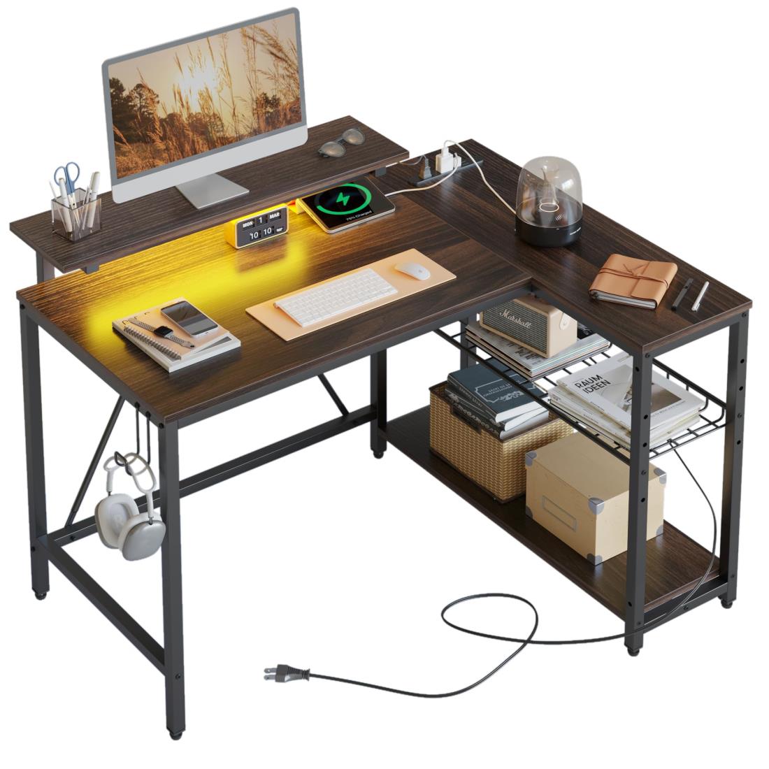 Bestier パソコンデスク L字型 幅107cm pcデスク コンセント付き ゲーミングデスク LEDライト付き コーナーデスク 棚板高さ調節可能 モニター台付き オフ ィスデスク ゲーム 書斎 収納ラック付き ブラウン