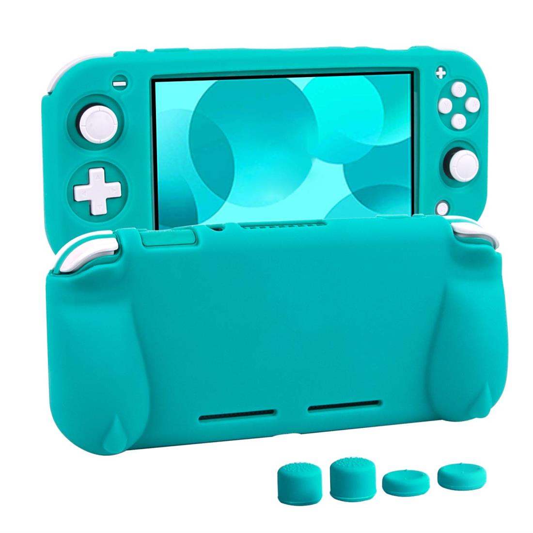 switch liteカバー スイッチライト ケース シリコン素材 ソフトカバー 柔らかい 一体式 全面保護 耐衝撃 特殊ハンドル 薄型軽量 快適な手触り 着脱簡単 防水防塵 スタンド機能 スティックカバー4つ付き (ターコイズ)