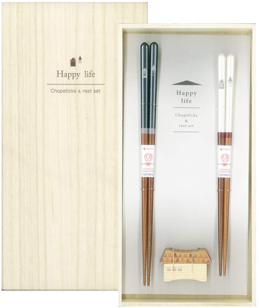 イシダ 日本製 ギフト 桐箱 箸置付 夫婦箸 ハッピーライフ 14×27.5×2.5cm