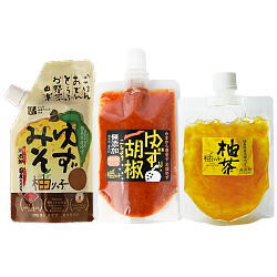 【※送料込み※】ゆずみそ柚りっ子・ゆずりっ胡椒・木頭ゆず柚茶200g　チューブタイプ各1個　国産100％　添加物不使用　yuzurikko　徳島　おかず味噌　ご飯のおとも　柚子胡椒　香辛料　ドリンク　かき氷　パンケーキ