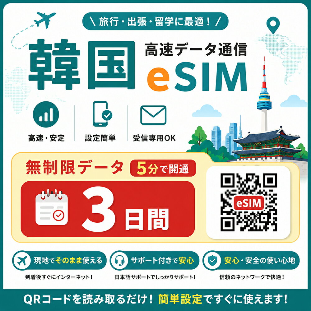 eSIM 韓国 無制限 4G 高速データ通信 即日開通 実名登録不要 QRコード設定 メール納品 通信専用 短期旅行 出張 24時間対応 LINE対応 選べるプラン 1日 3日 5日 7日 15日 20日 30日 GlobeSIM