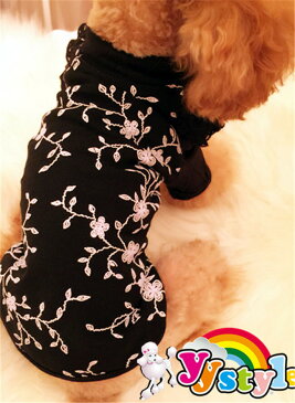 花柄刺繍ハイネック&フリル長袖Tシャツ♪★小型犬用♪★【セール】【トイプードル】【パピヨン】【チワワ】【ヨーキー】【ポメラニアン】【秋冬新作】【犬ウェア】【犬 服】【可愛い】