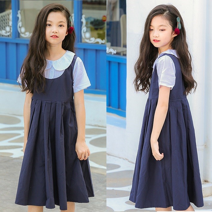 襟付き子供フォーマル風ワンピースドレス　fs04gm【子供服】入学ワンピース　重ね風ワンピース　ロングワンピース　半袖ワンピース　ネイビ学園ワンピースドレス　韓国子供服ワンピース　110-160cm