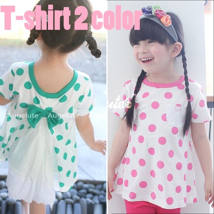 楽天BAOBAOBAOBAO バオバオ 子供服】【韓国子供服】（kids）]【カジュアル】【半袖Tシャツ】【レース】フレアTシャツ　バックレースリボン　女の子　水玉Tシャツfs04gm【グリーン】【ピンク】綿【90cm】【100cm】【110cm】【120cm】【130cm】　02P20Sep14