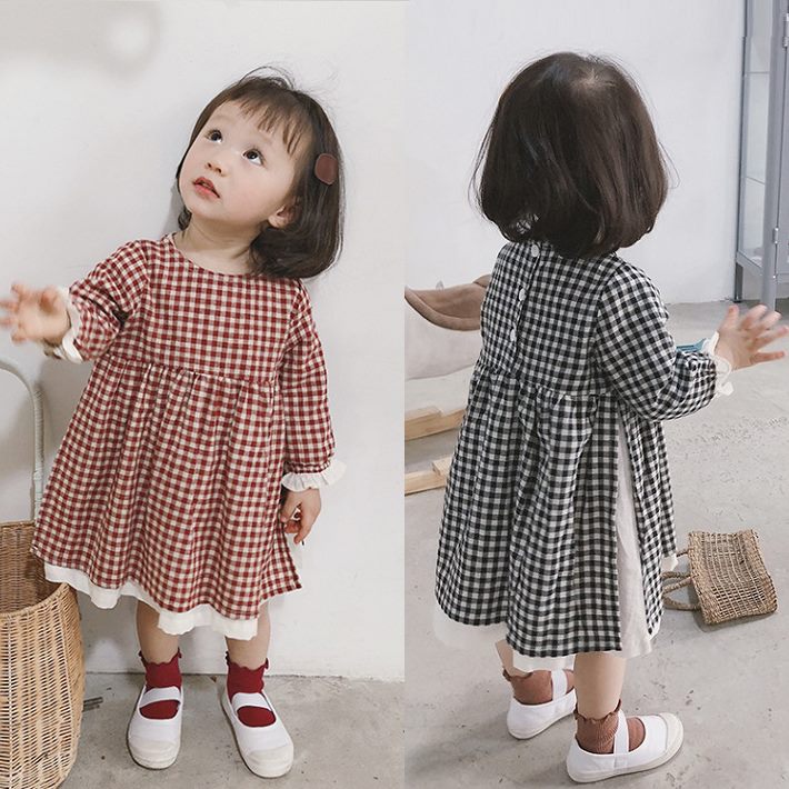 子供ワンピース　可愛すぎ　fs04gm【子供服】チェックワンピース　フリル袖チェックワンピース　長袖チェック柄ワンピース　シンプルワンピース　子供ワンピース　韓国子供服ドレス　ブラック　レッド　80　90　100　110　120　130　140