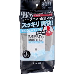 男の汗・ベタつき・皮脂汚れスッキリ爽快！ 汗・ベタつきをしっかりふきとる！ 1枚で全身ふける厚手大型シート。 ●200mm×300mmの大判サイズ。 ●清涼成分メントール配合でスッキリ爽快！ ●さらさらパウダー入りなのでお肌のさらさら感が持続します。 ●ヒアルロン酸Na配合、タルク・ミョウバン配合、銀イオン配合。 ●こんなときにお使いください。 ・スポーツ後の汗が気になるときに。 ・入浴・シャワーができないときに。 ・勉強・仕事・運転の合間などリフレッシュしたいときに。