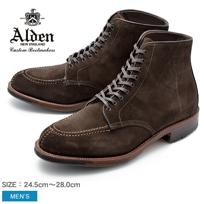 《アイテム名》 ALDEN オールデン ブーツ タンカーブーツ TANKER BOOT D5912C メンズ 紳士靴 革靴 スエード 茶 《ブランドヒストリー》 1884年、マサチューセッツ州ミドルボロウにて創立されたオールデンは、米国の靴文化を象徴するシューメーカーです。選りすぐられた最上級の素材を用い、コンフォータブルなフィット感を備えたそのシューズは、アメリカントラッドを語るうえで不可欠の存在。 1970年代には、特殊な形状の医療用矯正靴がファッションシーンでも高く評価され、素晴らしい履き心地とともに名声を世界へと広げました。履き心地に革新をもたらしたオールデンのシューズは、世界中の靴を愛する人々に、他に代え難い至高の存在として親しまれています。 《アイテム説明》 オールデンより「タンカーブーツ」です。不動の人気を誇るタンカーブーツ。シンプルなデザインでカジュアルからビジネスシーン、ドレッシーまで、様々なスタイルに合わせられる一足は持っておきたい万能ブーツ。足型は木型Barrie Last(バリーラスト)を採用しています。日本人の足なじみが抜群で快適な履き心地が長年楽しめます。アッパー部分にはカジュアルで、一際目を惹く上質なスエードレザーを採用。使い込むことで味わい深く、長くご愛用いただける一足です。 ■ワイズ：E■ラスト：バリー■シューズ袋付属 《カラー名/カラーコード/管理No.》 チョコレートブラウン/-/"16950070" こちらの商品は、並行輸入により海外から輸入しております。製造・入荷時期により、細かい仕様の変更がある場合がございます。上記を予めご理解の上、お買い求め下さいませ。 関連ワード： シューズ トラディショナル ビジネス フォーマル スウェ−ド 茶色 革靴 紳士靴 date 2019/05/09Item Spec ブランド ALDEN オールデン アイテム ブーツ スタイルNo D5912C 商品名 タンカーブーツ 性別 メンズ 原産国 USA 他 素材 アッパー：天然皮革(スエード)アウトソール：天然皮革＋ラバー（コマンド） 重量 片足：US9.0(27cm) 約729g 商品特性1 こちらの商品はアッパー、アウトソールに天然皮革を使用しています。その為、シワ・キズ・汚れ等が散見されますが不良品ではございません。天然素材特有の質感、味わいをお楽しみ頂ければ幸いです。 着用時のサイズ感 細身、普通の方 -0.5 cm 甲高、幅広の方 +-0.0 cm 筒丈 約 12 cm ヒール高 約 3 cm 履き口周り 約 27 cm 足首周り 約 27 cm こちらのアイテムの足入れは大きめです。採寸・着用に使用したサイズ【US9.0(27cm)】 ※上記サイズ感は、スタッフが実際に同一の商品を着用した結果です。 スタッフ着用の為、個人差があります。参考としてご確認ください。 サイズについて詳しくはこちらをご覧下さい。 当店では、スタジオでストロボを使用して撮影しております。商品画像はできる限り実物を再現するよう心掛けておりますが、ご利用のモニターや環境等により、実際の色見と異なる場合がございます。ご理解の上、ご購入いただけますようお願いいたします。 ▲その他アイテムはこちら