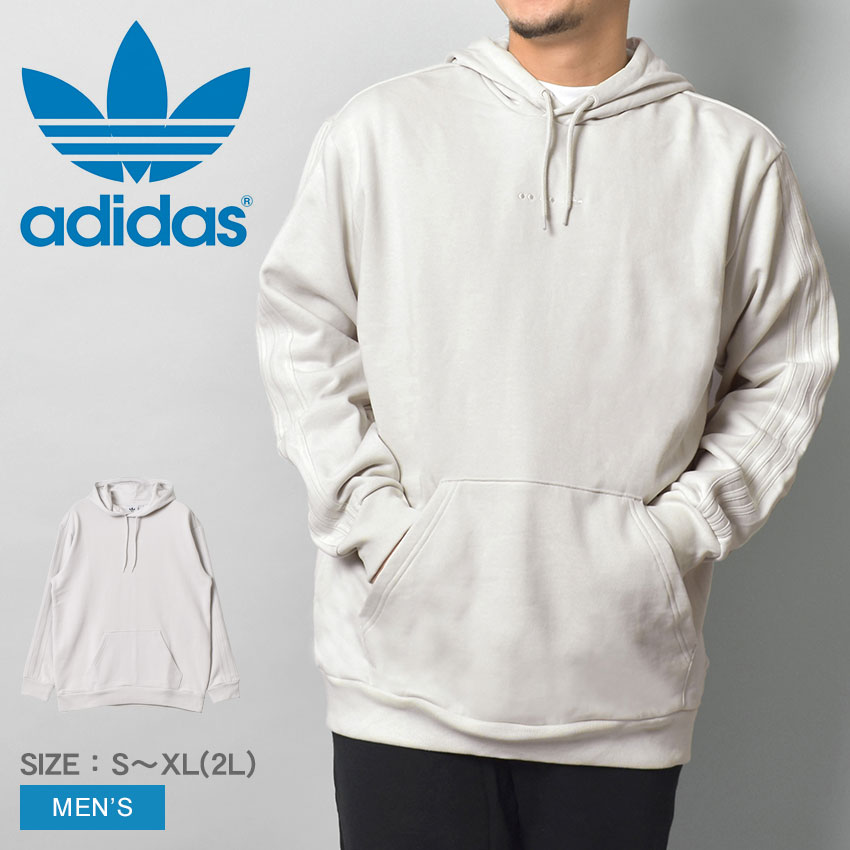 【店内全品★P5倍！】アディダス オリジナルス ADIDAS ORIGINALS メンズ 春 秋 冬 フード フーディー プルオーバー プルオーバーパーカー ホワイト 白 グレー S-XL HK2725 トレフォイル ルーズフィット カンガルーポケット ルームウェア フリース 無地