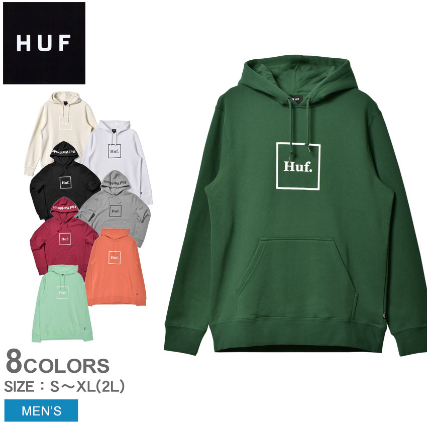 【店内全品★P2倍！】ハフ パーカー HUF ボックスロゴ プルオーバーフーディ メンズ ブラック 黒 オフホワイト 白 グレー BOX LOGO PULLOVER HOODIE PF00098 ウェア トップス 長袖 プルオーバーパーカー ロングスリーブ スウェット フード 裏起毛 大きめ オーバーサイズ