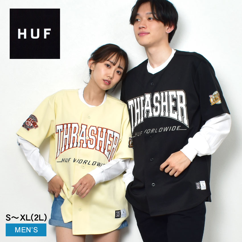 ハフ ベースボールシャツ HUF CENT.FIELD BASEBALL JERSEY メンズ THRASHER スラッシャー ブラック 黒 アイボリー KN00419 ウエア トップス 半袖シャツ ストリート スポーティ ロゴ アップリケ ヴィンテージ おしゃれ 半袖