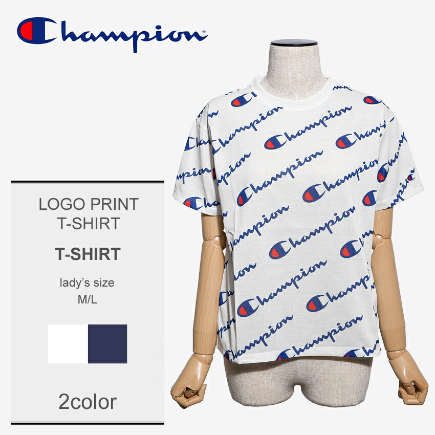 【ゆうパケット配送】 CHAMPION チャンピオン 半袖 ロゴプリント Tシャツ レディース クルーネック 総柄 ブランド おしゃれ ゆったり UVカット ウェア カジュアル 白 ホワイト 紺 ネイビー LOGO PRINT CW-NS315 010 386のサムネイル
