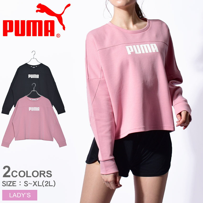 【店内全品★P5倍！】プーマ スウェット PUMA クロップドクルースウェット レディース ブラック 黒 ピンク 581069 トップス 無地 ロゴ ワンポイント 長袖 ブランド スウェット おしゃれ クロップド丈 トレーニング ジム