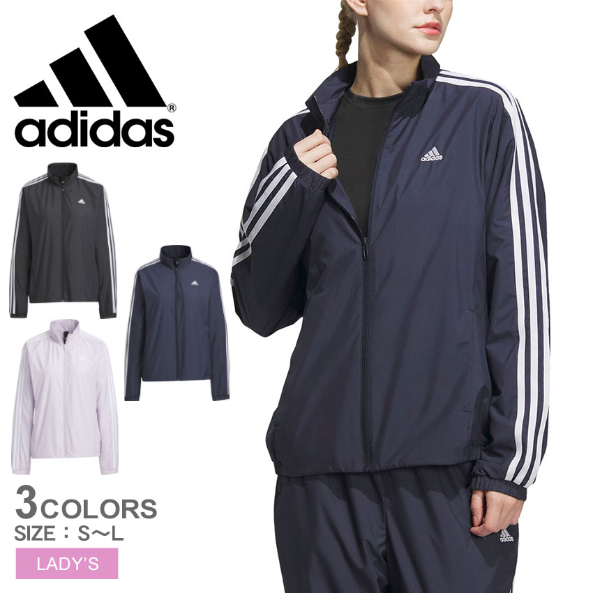 【店内全品★P5倍！】アディダス ウインドジャケット ADIDAS スリーストライプス レギュラーフィット ウインドブレーカージャケット レディース ブラック 黒 ネイビー 紺 IEH75 アウター トップス ジャージ ウインドブレーカー 上着 防風 はっ水 撥水 スポーツ