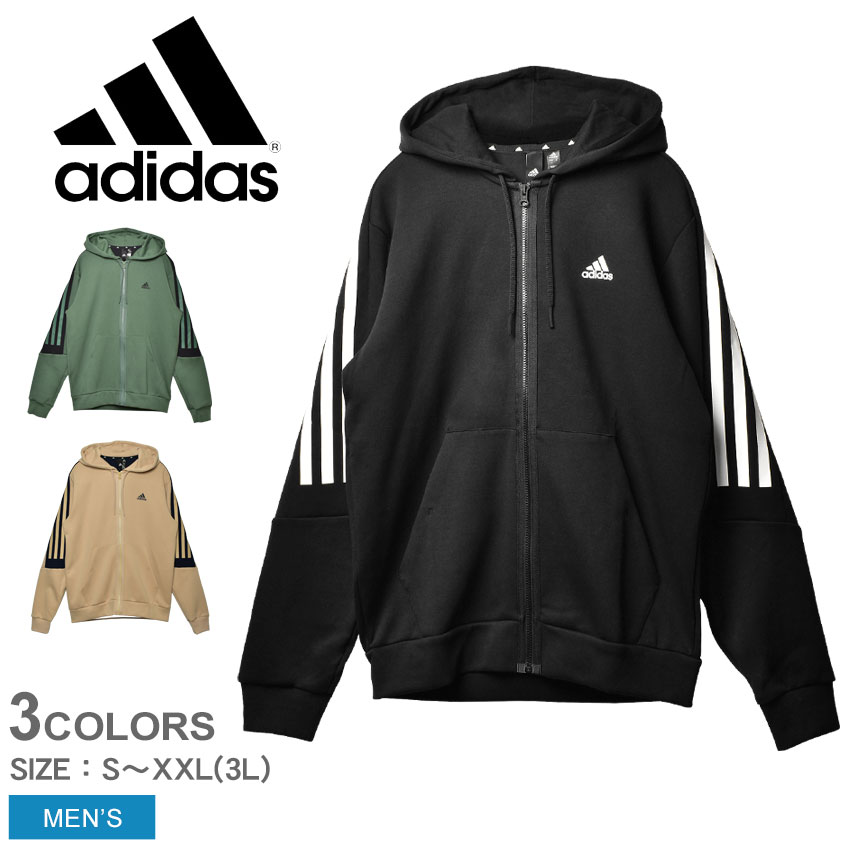 アディダス ADIDAS フューチャーアイコン スリーストライプス フルジップパーカー メンズ 春 秋 冬 長袖 フーディー 綿 ポリエステル ブラック 黒 ベージュ グリーン 緑 S-XXL TF446 ウエア トップス 長袖 フード スウェット スエット ブランド スポーティ