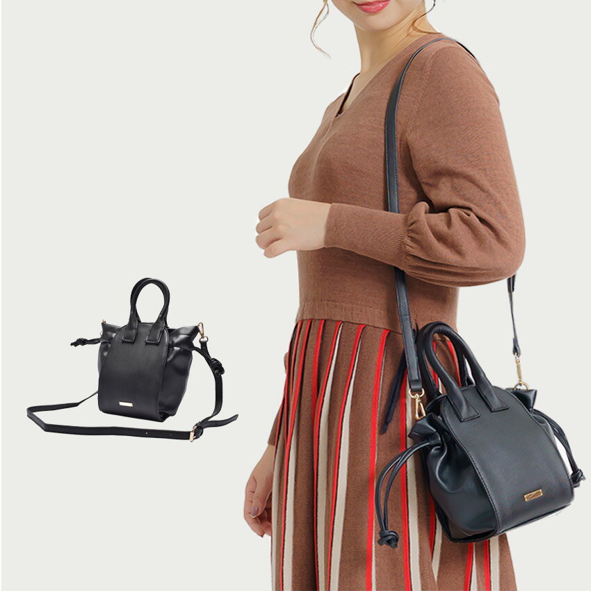 【マラソンSALE★開催中！】ショルダーバッグ 合皮巾着ミニショルダー レディース ブラック 黒 GBG0740 かばん カバン 鞄 巾着 肩掛け ななめ掛け 2WAY 合皮 フェイクレザー ショルダー おしゃれ 可愛い 人気 ミニバッグ コンパクト ナチュ＆ダイアリー 新作のサムネイル