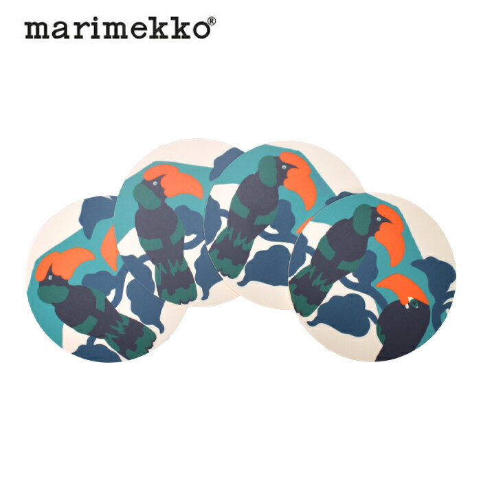 【ゆうパケット配送】 マリメッコ コースター MARIMEKKO PEPE コースターセット グリーン 緑 オレンジ 71551 総柄 北欧 雑貨 フィンランド かわいい 丸形 丸 おしゃれ インテリア キッチン シンプル 4枚セット オウム ロゴ マルチ マルチカラー