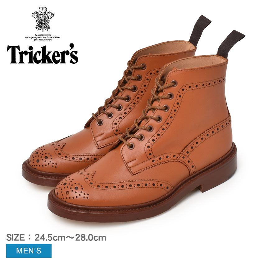 《アイテム名》トリッカーズ ブーツ TRICKER’S メンズ ストウ 5634《ブランドヒストリー》英国ノーザンプトンで靴作りの名人ジョセフ・トリッカーが創業する。トリッカーズの靴は、ハンドメイド・ベンチメイドで現在も昔と変わらぬ手法と技を用いて作られており、もちろん最高級の素材のみを用いたトリッカーズ社の靴は丁寧に作られ、履き心地も抜群！由緒、伝統あるブランドです。《アイテム説明》トリッカーズより「STOW」です。“トリッカーズ”と言えば“カントリーコレクション”、“カントリーコレクション”と言えば“ブローグブーツ”と呼ばれるほどの同社を代表する超定番アイテム。独特でユーモラスな雰囲気と完成されたデザインが他の靴とは決定的に異なり愛着を持って履くことが出来ます。【point 1】ウィングチップのスタイルはトリッカーズの中でも代表的なモデル。 6インチのブーツもトリッカーズの中では定番とされています。 【point 2】グッドイヤーウェルテッド製法を採用している為、耐久性があり、水が染み込みにくく、履きこんでいくうちに靴が馴染んできます。 【point 3】当時から手作業での工程を大切にしている、トリッカーズならではのこだわりが今日においてもしっかりと表現されてます。 ■素材：天然皮革■ソール：ダブルレザーソール■フィッティング：5■製法：グッドイヤー・ウェルト■生産国：イングランドラスト：4497Sボリューム感のあるラウンドトーが特徴で、幅はやや狭め。《カラー名/カラーコード/管理No.》Cシェイドタン/56/"16312757"こちらの商品は、並行輸入により海外から輸入しております。製造・入荷時期により、細かい仕様の変更がある場合がございます。上記を予めご理解の上、お買い求め下さいませ。関連ワード：靴 レザー 本革 シューズ カジュアル カントリー ウイングチップ ダブルレザーソール おしゃれ 人気date 2022/08/17■関連ワード：10代 20代 30代 40代 50代 60代 70代 80代 おすすめ お父さん ギフト センスのいい パパ ユニーク 人気 使える 初任給 古希 喜ぶ 喜寿 変わった 夫 実用的 家族 彼女 彼氏 感謝 父の日 父娘 父子 父親 珍しい 義父 義理 贈り物 還暦Item SpecブランドTRICKER’S トリッカーズアイテムブーツスタイルNo5634商品名ストウ性別メンズ原産国England 他素材アッパー：天然皮革アウトソール：天然皮革重量片足：UK7.0（25.5cm） 約746g商品特性1この商品は天然皮革を使用しています。その為、シワ・キズ・汚れ等が散見されますが不良品ではございません。天然素材特有の質感、味わいをお楽しみ頂ければ幸いです。上質な革を使用している為、レザーの性質上、履きはじめは革が硬く、馴染むのに時間がかかります。履き馴らしの期間に余裕を持ってください。商品特性2商品によって付属品の内容が異なる場合が御座います。予めご了承の上、お買い求め下さい。商品特性3海外からの輸入商品となります為、輸送等の段階で靴箱に傷やへこみ、やぶれなどの損傷が生じている場合がございます。着用時のサイズ感細身、普通の方1サイズ小さめ甲高、幅広の方標準サイズ筒丈約 15 cmヒール高約 3 cm履き口周り約 24 cm足首周り約 34 cmこのシューズは足入れが大きめな作りになっています。※上記サイズ感は、スタッフが実際に同一の商品を着用した結果です。スタッフ着用の為、個人差があります。参考としてご確認ください。サイズについて詳しくはこちらをご覧下さい。 当店では、スタジオでストロボを使用して撮影しております。商品画像はできる限り実物を再現するよう心掛けておりますが、ご利用のモニターや環境等により、実際の色見と異なる場合がございます。ご理解の上、ご購入いただけますようお願いいたします。