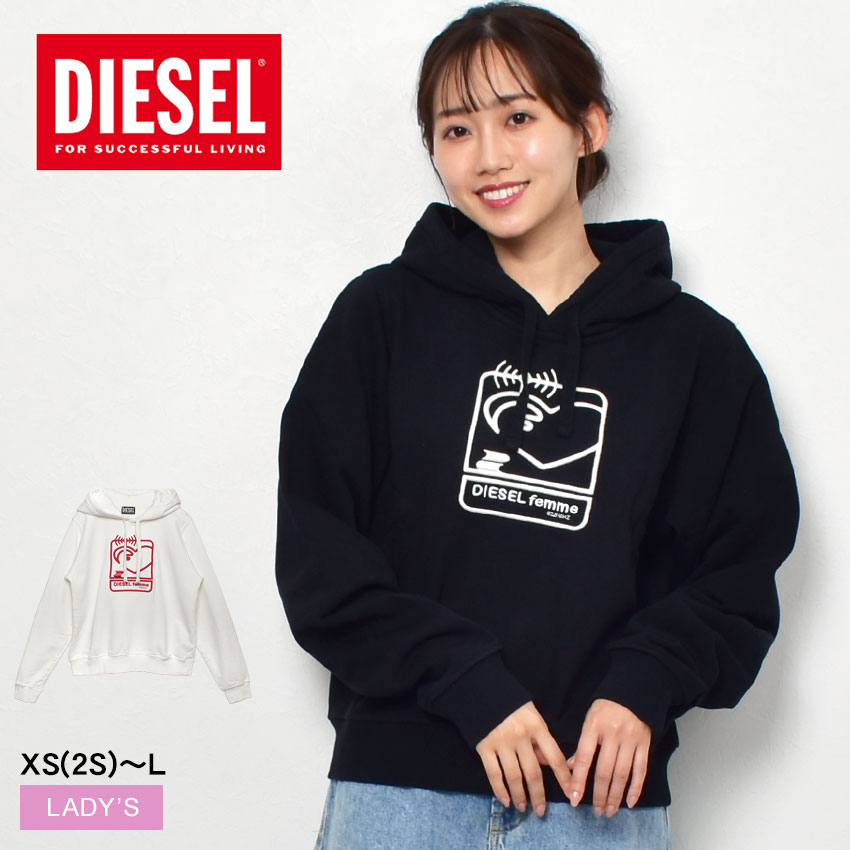 《今だけ！店内全品ポイントアップ》ディーゼル パーカー レディース F-REGGY E1 HOOD DIESEL A06570 0NAZQ トップス レギュラーフィット 無地 長袖 ブランド スウェット ストリート おしゃれ シンプル ロゴ 刺繍 防寒 暖かい フード ホワイト 白 ブラック 黒