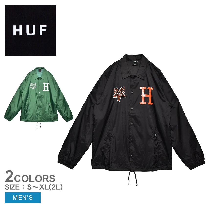 《今だけ！店内全品ポイントアップ》ハフ ジャケット メンズ SPLIT COACHES JACKET HUF JK00385 ウェア トップス 長袖 ロングスリーブ ストリート プリント カジュアル アウター 羽織 コーチジャケット ロゴ ダブルジップ はっ水 撥水 ブラック 黒 グリーン 緑