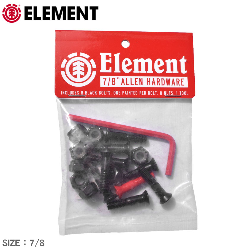 《アイテム名》ELEMENT エレメント ウィール ALLEN 7/8 HARDWARE BB027504 人気 ストリート おしゃれ《ブランドヒストリー》「エレメント(ELEMENT)」は、ストリートスケート創世記にプロライダーとして活躍したジョニー・シラレフ(Johnny Schillereff)が設立したスケートブランド。チャド・マスカ、バム・マーゲラ、ナイジャ・ヒューストンなど、世界中を魅了するカリスマ・スケーター達が所属するトップ・ブランドに成長。 スケートボードやその関連アイテムはもちろん、ファッションでは、ウェア、デニム、シューズ、バッグなどを取り扱っており、ストリート系アイテムとして取り入れられている。《アイテム説明》ELEMENTより「ALLEN 7/8 HARDWARE」です。ELEMENTボルト&amp;ナット。8個1セット売り。サイズはボルト長7/8インチでトラックとデッキの間にライザーパッドなどを挟まず直付けが可能な長さです。カスタムが好きでストリート好きにはたまらないアイテムです。《カラー名/カラーコード/管理No.》ブラック×レッド/AST/"74360182"メーカー希望小売価格はメーカー商品タグに基づいて掲載しています。製造・入荷時期により、細かい仕様の変更がある場合がございます。上記を予めご理解の上、お買い求め下さいませ。関連ワード：ロゴ カスタム ボルト ナット スケートボード スケボー スポーツ アウトドア ストリート シンプル 定番 人気 雑貨 おしゃれ 黒date 2021/04/08■関連ワード：10代 20代 30代 40代 50代 60代 70代 80代 おすすめ お父さん ギフト センスのいい パパ ユニーク 人気 使える 初任給 古希 喜ぶ 喜寿 変わった 夫 実用的 家族 彼女 彼氏 感謝 父の日 父娘 父子 父親 珍しい 義父 義理 贈り物 還暦Item SpecブランドELEMENT エレメントアイテムボルト＆ナット セットスタイルNoBB027504商品名ALLEN 7/8 HARDWARE原産国China 他仕様ボルト長7/8インチ容量8個当店では、スタジオでストロボを使用して撮影しております。商品画像はできる限り実物を再現するよう心掛けておりますが、ご利用のモニターや環境等により、実際の色見と異なる場合がございます。ご理解の上、ご購入いただけますようお願いいたします。