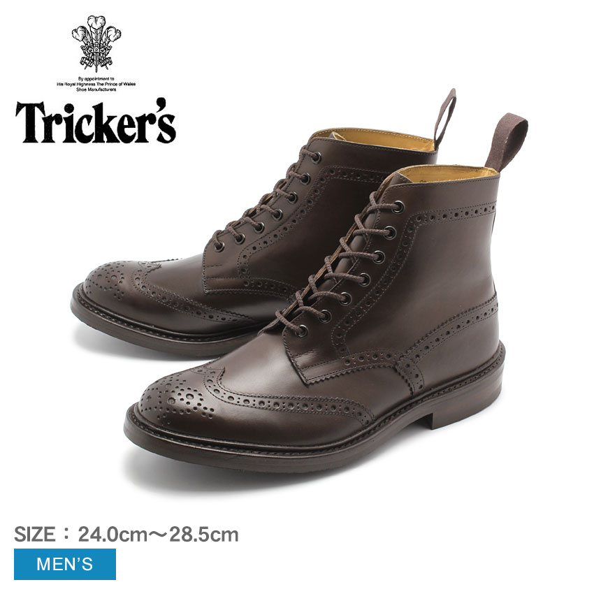 《アイテム名》 TRICKER’S トリッカーズ シューズ　ストウ STOW 5634 10 メンズ ビジネス ブランド フォーマル 《ブランドヒストリー》 英国ノーザンプトンで靴作りの名人ジョセフ・トリッカーが創業する。トリッカーズの靴は、ハンドメイド・ベンチメイドで現在も昔と変わらぬ手法と技を用いて作られており、もちろん最高級の素材のみを用いたトリッカーズ社の靴は丁寧に作られ、履き心地も抜群！由緒、伝統あるブランドです。 《アイテム説明》 トリッカーズより「STOW」です。“トリッカーズ”と言えば“カントリーコレクション”、“カントリーコレクション”と言えば“ブローグブーツ”と呼ばれるほどの同社を代表する超定番アイテム。独特でユーモラスな雰囲気と完成されたデザインが他の靴とは決定的に異なり愛着を持って履くことが出来ます。【point 1】ウィングチップのスタイルはトリッカーズの中でも代表的なモデル。 6インチのブーツもトリッカーズの中では定番とされています。 【point 2】グッドイヤーウェルテッド製法を採用している為、耐久性があり、水が染み込みにくく、履きこんでいくうちに靴が馴染んできます。 【point 3】当時から手作業での工程を大切にしている、トリッカーズならではのこだわりが今日においてもしっかりと表現されてます。■ソール：ダイナイトソール■フィッティング：5■製法：グッドイヤー・ウェルトラスト：4497Sボリューム感のあるラウンドトーが特徴で、幅はやや狭め。 《カラー名/カラーコード/管理No.》 エスプレッソバーニッシュ/5634-10/"16312751" 製造・入荷時期により、細かい仕様の変更がある場合がございます。上記を予めご理解の上、お買い求め下さいませ。 関連ワード： ウイングチップ ドレスシューズ フォーマル 革靴 紳士靴 グッドイヤー ビジネス ブランド 本革 レザー date 2020/08/24Item Spec ブランド TRICKER’S トリッカーズ アイテム ブーツ スタイルNo 5634 商品名 ストウ 性別 メンズ 原産国 England 他 素材 アッパー：天然皮革アウトソール：ラバー 商品特性1 この商品はアッパーに天然皮革を使用しています。その為、シワ・キズ・汚れ等が散見されますが不良品ではございません。天然素材特有の質感、味わいをお楽しみ頂ければ幸いです。 商品特性2 海外からの輸入商品となります為、輸送等の段階で靴箱に傷やへこみ、やぶれなどの損傷が生じている場合がございます。 商品特性3 商品によって付属品の内容が異なる場合が御座います。予めご了承の上、お買い求め下さい。 着用時のサイズ感 細身、普通の方 1サイズ小さめ 甲高、幅広の方 標準サイズ 筒丈 約 16 cm ヒール高 約 3 cm 履き口周り 約 24 cm 足首周り 約 34 cm こちらのアイテムの足入れは小さめです。 ※上記サイズ感は、スタッフが実際に同一の商品を着用した結果です。 スタッフ着用の為、個人差があります。参考としてご確認ください。 サイズについて詳しくはこちらをご覧下さい。 当店では、スタジオでストロボを使用して撮影しております。商品画像はできる限り実物を再現するよう心掛けておりますが、ご利用のモニターや環境等により、実際の色見と異なる場合がございます。ご理解の上、ご購入いただけますようお願いいたします。 ＼ 当店オススメの特集・ブランドはこちら！ ／