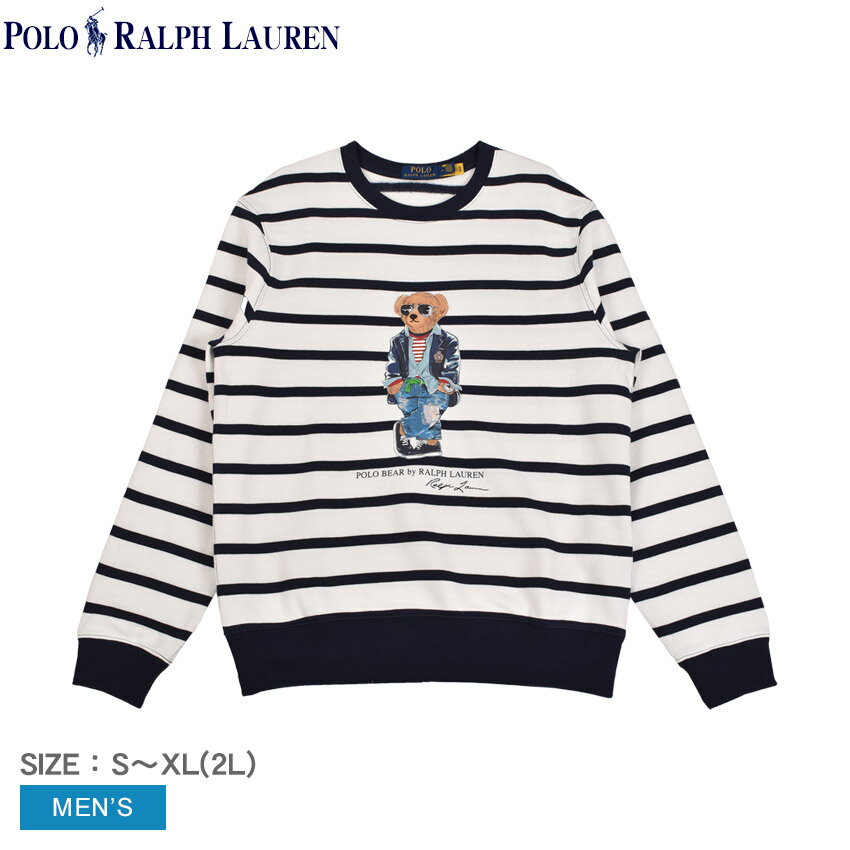 【店内全品P5倍★19日23:59迄】ポロ ラルフローレン L／S BORDER BEAR SWEAT スウェット メンズ ネイビー 紺 ホワイト 白 POLO RALPH LAUREN 710909723 トップス 長袖 裏起毛 スエット トレーナー クルーネック ボーダー クマ プリント 総柄 ブランド カジュアル