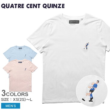 【メール便 送料無料】 QUATRE CENT QUINZE キャトルサンキャーンズ 半袖Tシャツ トゥールナン クー ド ボール TOURNANT COUP DE BOULE メンズ ブランド ストリート シンプル フランス サッカー フットボール ユニーク ジダン 頭突き W杯 試合 風刺画 刺繍 選手 白 青