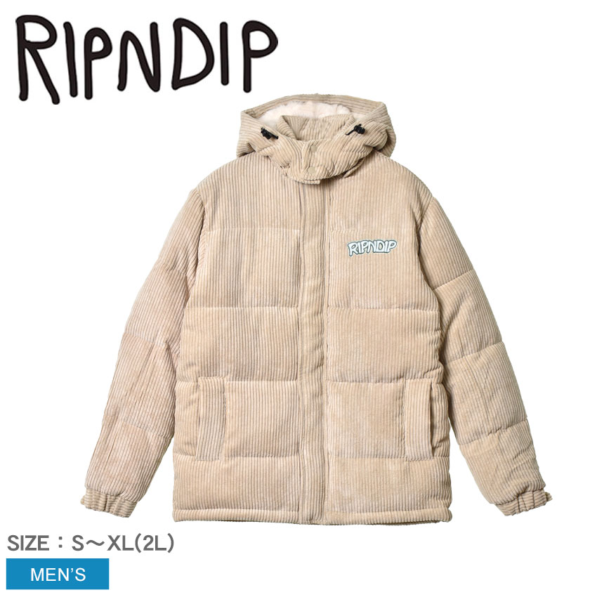 RIPNDIP ダウンジャケット メンズ INTERTWINED CORD PUFFER JACKET リップンディップ RND8004 アウター 長袖 ダウン ダウンジャケット フード コーデュロイ ブランド おしゃれ ストリート 猫 カジュアル 上着 防寒 カーキ ベージュ