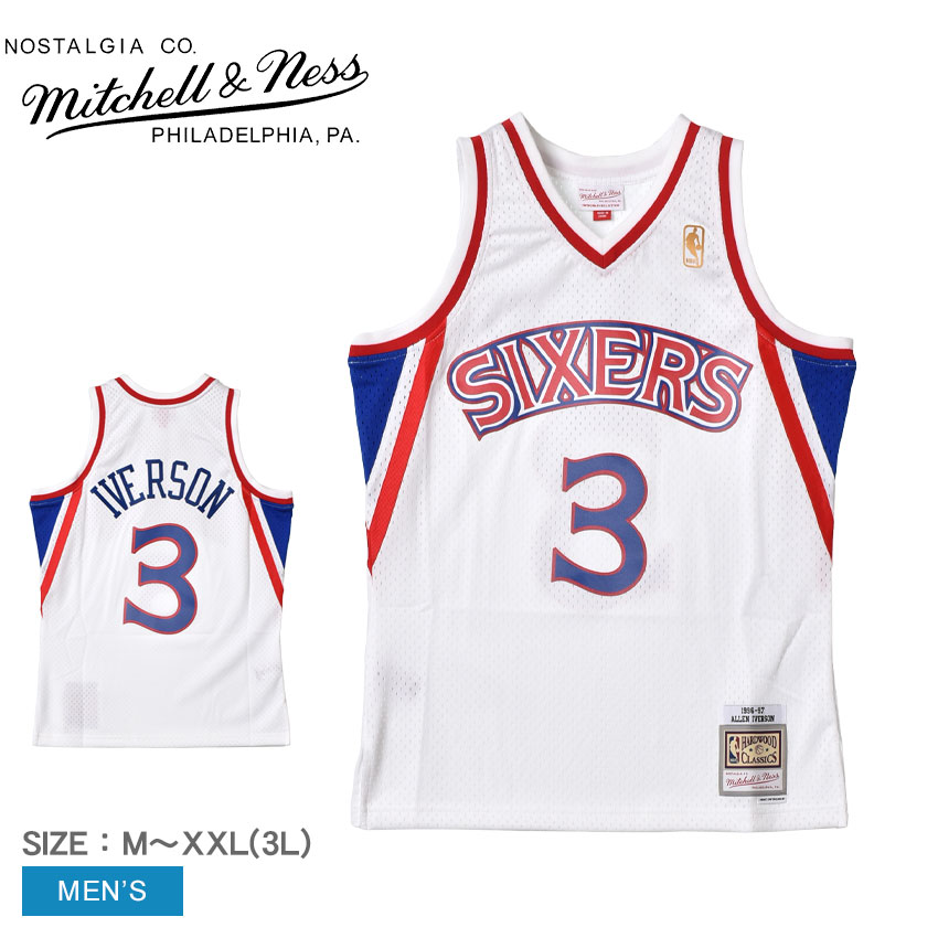 《アイテム名》 ミッチェルアンドネス ユニフォーム MITCHELL ＆ NESS メンズ スイングマン ジャージー フィラデルフィア76ERS ホーム 1996-97 アレン アイバーソン SMJYGS18198-P76WHIT96AIV 《ブランドヒストリー》 Mitchell &amp; Nessは、1904年にアメリカ・フィラデルフィア州の同市内において、レスラーかつテニスのチャンピオンだったフランク・P・ミッチェルと、スコットランド人ゴルファ−のチャールズ・M・ネスにより創設されました。高品質・高縫製技術をモットーに、現代でもNBA(バスケットボール)、MLB(野球)、NFL(アメフト)、NHL(アイスホッケー)、NCAA(大学スポーツ協会)、MLS(サッカー)のアメリカ4大スポーツを完全サポートし、多くの公式トレーニングウェアのライセンスウェアを取り扱っています。世界中に愛好家を抱え魅了し続けるヴィンテージジャージの老舗ブランドです。 《アイテム説明》 ミッチェルアンドネスより「スイングマン ジャージー フィラデルフィア76ERS ホーム 1996-97 アレン アイバーソン」です。1996年-97年 アレン アイバーソンモデル。 《カラー名/カラーコード/管理No.》 フィラデルフィア76ERS/-/"23825163" こちらの商品は、並行輸入により海外から輸入しております。製造・入荷時期により、細かい仕様の変更がある場合がございます。上記を予めご理解の上、お買い求め下さいませ。 関連ワード： NBA ZSPO バスケットボールジャージ ウエア タンクトップ ノースリーブ トップス ブランド バスケ バスケットボール スポーツ 人気 date 2022/08/04Item Spec ブランド MITCHELL ＆ NESS ミッチェルアンドネス アイテム ユニフォーム スタイルNo SMJYGS18198-P76WHIT96AIV 商品名 スイングマン ジャージー フィラデルフィア76ERS ホーム 1996-97 アレン アイバーソン 性別 メンズ 原産国 China 他 素材 ポリエステル 100％ 採寸 単位(cm) 身幅 総丈 M 54 75.5 L 58 78 XL(2L) 63 82 XXL(3L) 66.5 84.5 ※上記サイズは、実際に同一の商品を採寸した結果です。 商品によっては個体差がありますので誤差がでることが御座いますので参考目安としてご覧下さい。また、測定方法によっても誤差が生じますので、予めご了承ください。 サイズについて詳しくはこちらをご覧下さい。 当店では、スタジオでストロボを使用して撮影しております。商品画像はできる限り実物を再現するよう心掛けておりますが、ご利用のモニターや環境等により、実際の色見と異なる場合がございます。ご理解の上、ご購入いただけますようお願いいたします。 ＼ 当店オススメの特集・ブランドはこちら！ ／