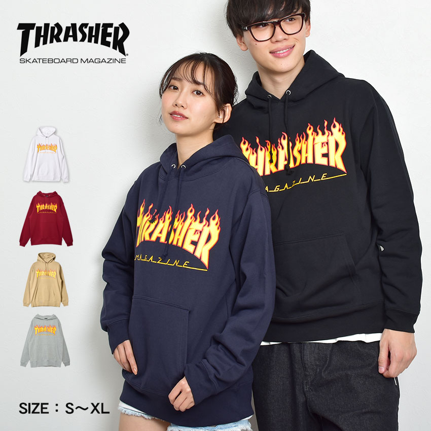 【店内全品P5倍★21日23:59迄】スラッシャー パーカー メンズ FLAME フーディー スウェットパーカー THRASHER TH95130PL ロゴ ストリート スウェット スエット スケーター ブランド フード カジュアル トップス ウェア 長袖 グレー ネイビー ボルドー レッド 赤 ホワイト