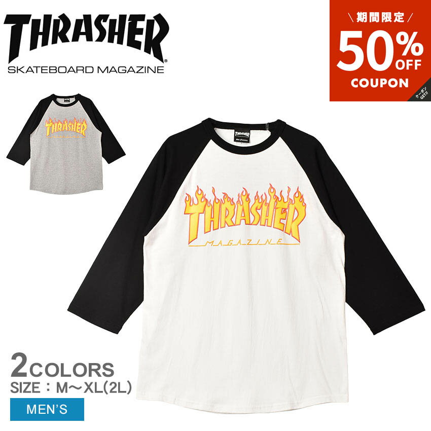 ▼限定クーポンで50%OFF▼スラッシャー FLAME 7／S TEE 長袖Tシャツ メンズ ホワイト 白 ブラック 黒 グレー THRASHER TH92130 ウェア 長袖 七分袖 プリント クルーネック スケート スケボー スケートボード カジュアル シンプル ロゴ トップス 七分 カットソーのサムネイル