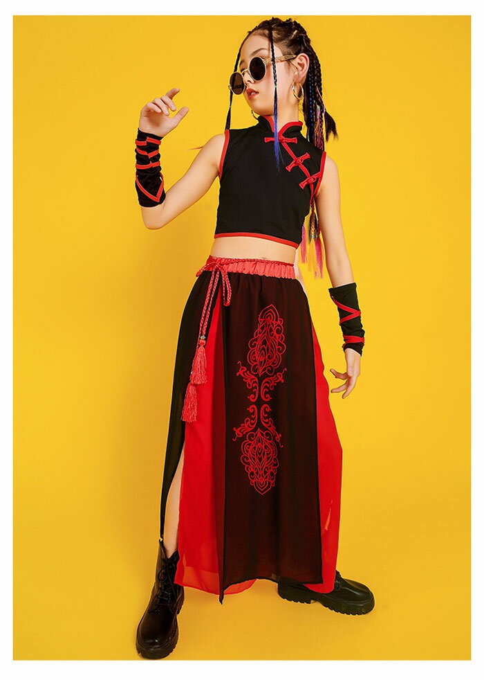 キッズ 子供用 ダンス 衣装 セットアップ(トップス+パンツ+手袋+ベルト) ヒップホップ ジャズ ダンス衣..