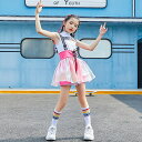 キッズ ダンス チアガール 衣装 ヒップホップ セットアップ（ジャンパースカート+トップス+パンツ） 女の子 子供服 キッズ ワンピース 衣装 ノースリーブ トップス ショート丈 へそだし レディース ジュニア ジャンスカ おしゃれ ダンス衣装 大きいサイズ150 160 170 180 3