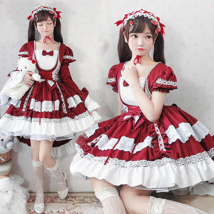 ゴスロリ メイド風 ワンピース 全6色 ゴスロリ ロリータ ワンピース ハロウィン 仮装 クリスマス コスプレ メイド服 コスチューム レディース 可愛い ワンピース フリル レース リボン 舞台 ステージ 衣装 イベント 服 送料無料